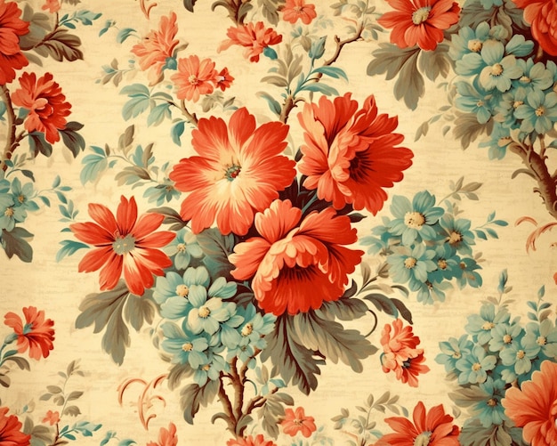 il y a un motif floral avec des fleurs rouges et bleues dessus ai générative