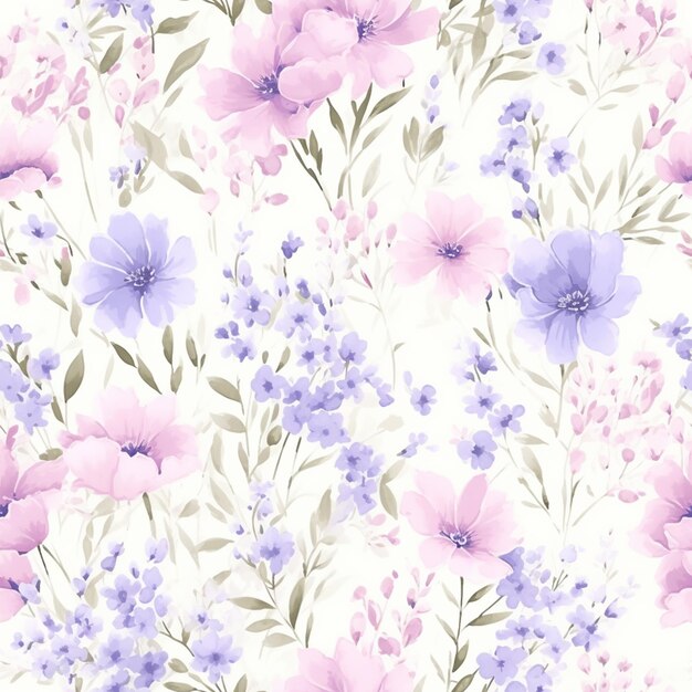 il y a un motif floral avec des fleurs violettes et bleues sur un fond blanc