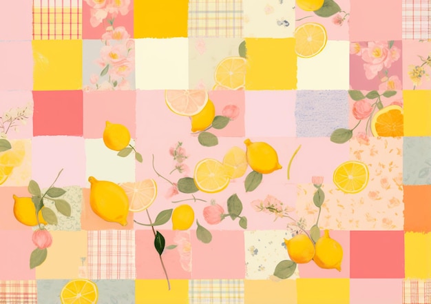 il y a un motif patchwork avec des citrons et des oranges dessus ai générative