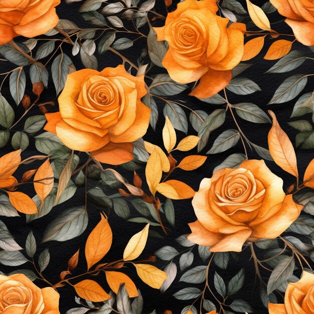 il y a un motif de roses et de feuilles orange sur fond noir ai générative