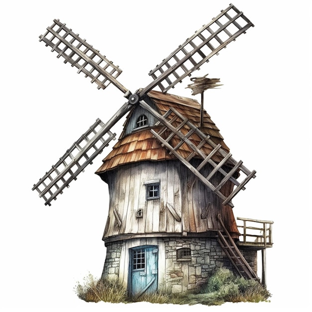 Photo il y a un moulin à vent avec un toit en bois et une échelle en bois ia générative