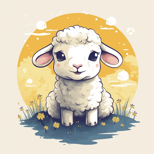 Il y a un mouton de dessin animé assis dans l'herbe avec un fond jaune génératif ai