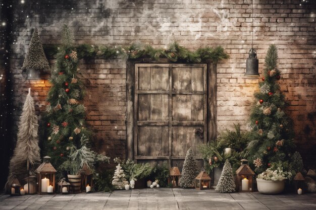 il y a un mur de briques avec une porte et beaucoup de décorations de Noël IA générative