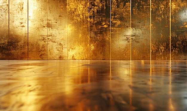 Photo il y a un mur doré avec un sol en bois et un miroir génératif ai