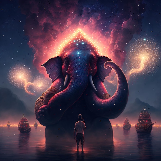 Il y a de nombreuses étoiles galactiques dans le ciel nocturne d'une immense statue massive de GANESHA avec des lanternes rouges qui s'élèvent dans le ciel des foules regardent le festival des lanternes Generative AI Ganesha Festival