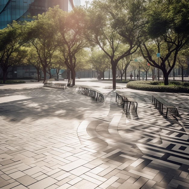 Il y a de nombreux bancs dans le parc avec des arbres en arrière-plan ai générative