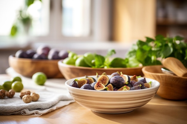 il y a de nombreux bols de fruits sur la table avec un tissu ai génératif