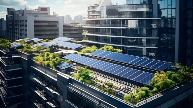 Il y a de nombreux panneaux solaires sur le toit d'un bâtiment ai générative