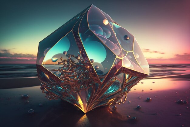 Il y a un objet en forme de diamant sur la plage au coucher du soleil.