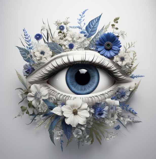 Il y a un œil bleu avec des fleurs dessus et un fond blanc génératif ai