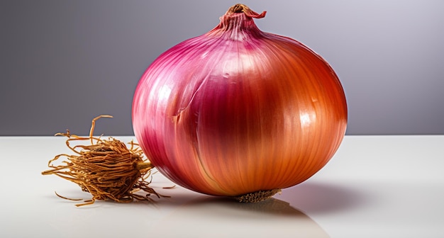 Photo il y a un oignon rouge et une pousse d'herbe sur une table ai générative