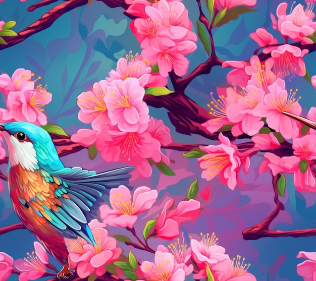 Il y a un oiseau assis sur une branche d'un arbre avec des fleurs roses ai générative
