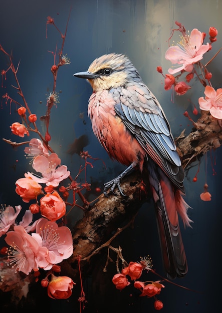 Il y a un oiseau assis sur une branche avec des fleurs en arrière-plan