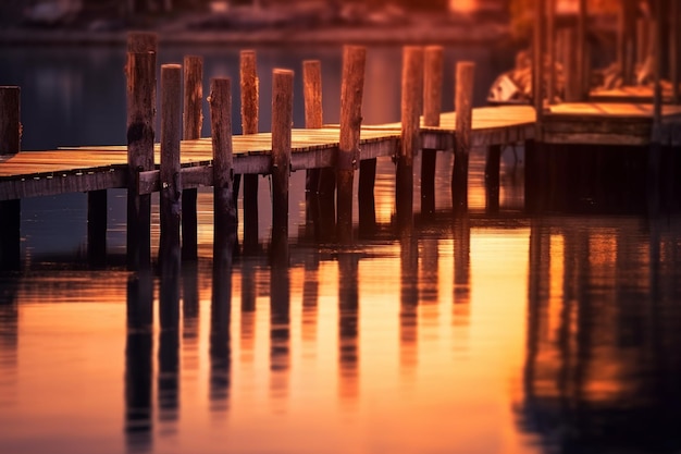 Il y a un oiseau assis sur un quai au coucher du soleil générative ai