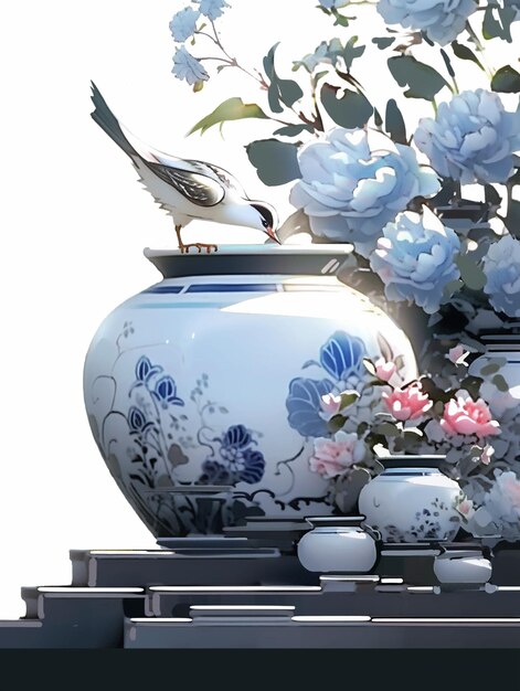 Il y a un oiseau assis sur un vase avec des fleurs dedans.