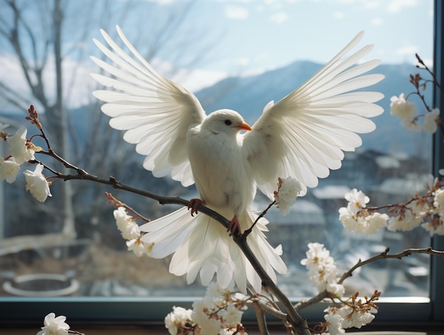 Il y a un oiseau blanc assis sur une branche avec des fleurs blanches générative ai