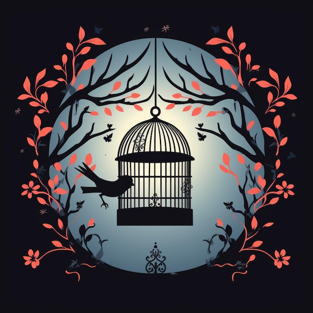 il y a un oiseau dans une cage avec un arbre et des fleurs ai générative