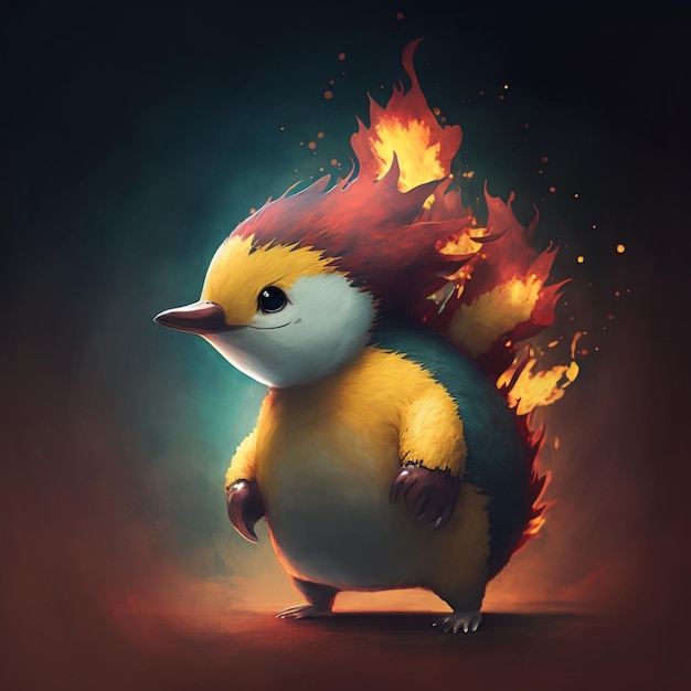 Il y a un oiseau de dessin animé avec un feu sur sa tête.