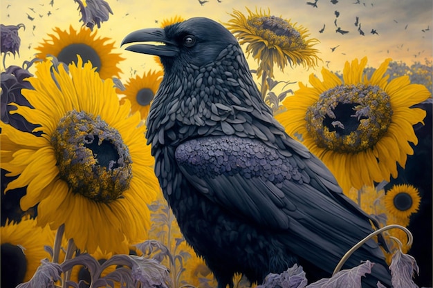 il y a un oiseau noir assis sur un champ de tournesols ai génératif