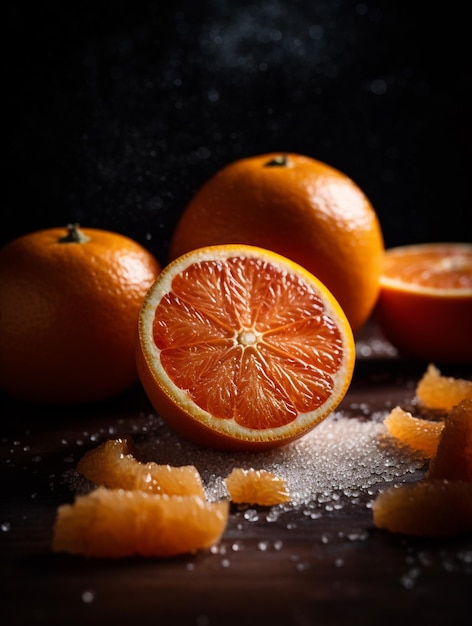 Il y a des oranges coupées en deux et assises sur une table générative ai