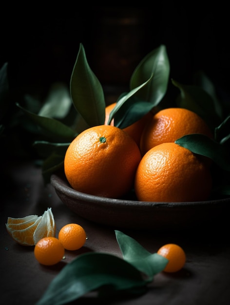 Il y a des oranges dans un bol avec des feuilles sur la table.