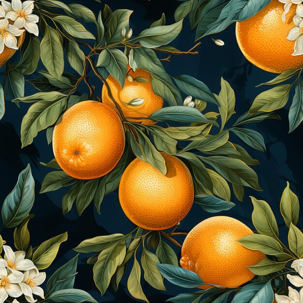 il y a des oranges et des fleurs sur un arbre avec des feuilles génératives ai