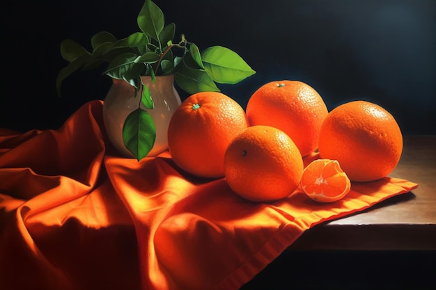 Il y a des oranges sur une table avec un vase de fleurs générative ai