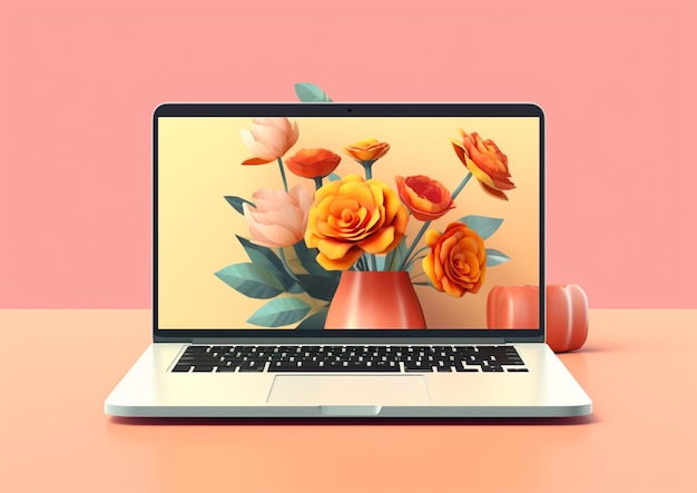 Il y a un ordinateur portable avec un bouquet de fleurs sur l'écran génératif ai