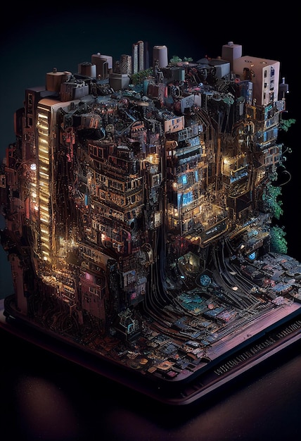 Il y a un ordinateur portable avec le paysage urbain de l'IA générative de la ville