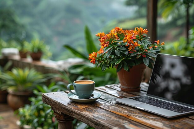 Photo il y a un ordinateur portable et une tasse de café sur une table.