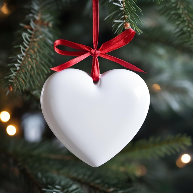 Il y a un ornement blanc en forme de cœur accroché à un arbre de Noël.