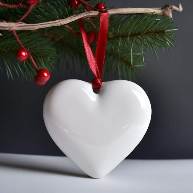 il y a un ornement en forme de coeur blanc suspendu à un arbre ai génératif