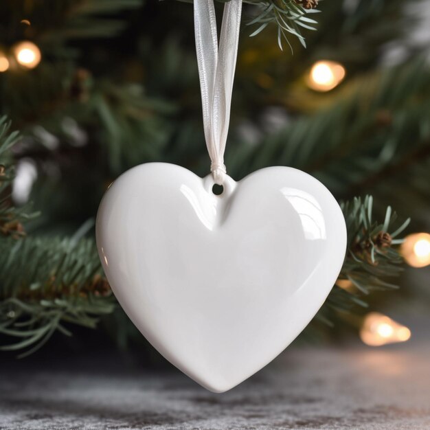 il y a un ornement en forme de coeur blanc suspendu à un arbre ai génératif