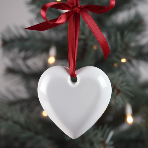 il y a un ornement en forme de coeur blanc suspendu à un arbre de Noël ai génératif