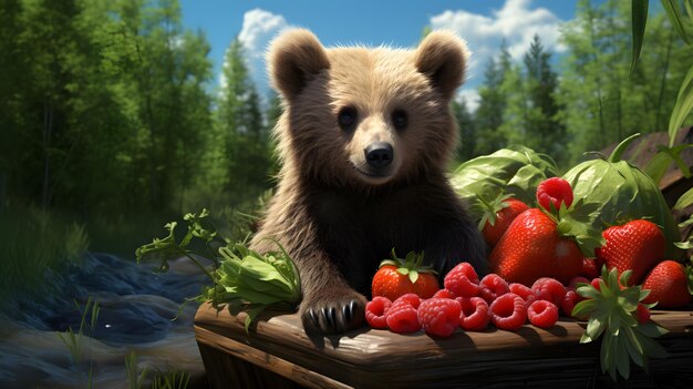 il y a un ours assis sur une caisse de fraises IA générative