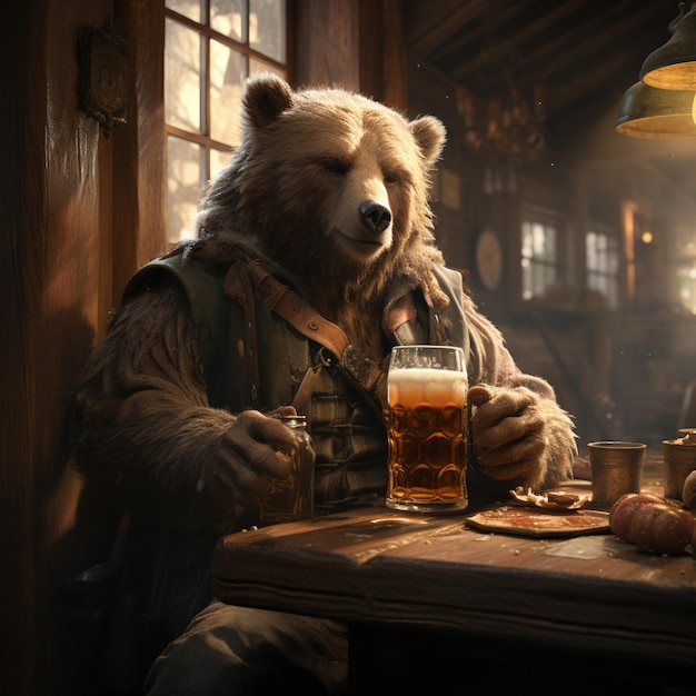 il y a un ours assis à une table avec une IA génératrice de bière