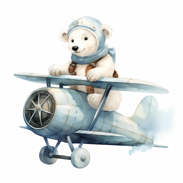 Il y a un ours blanc assis sur le dessus d'un petit avion génératif ai