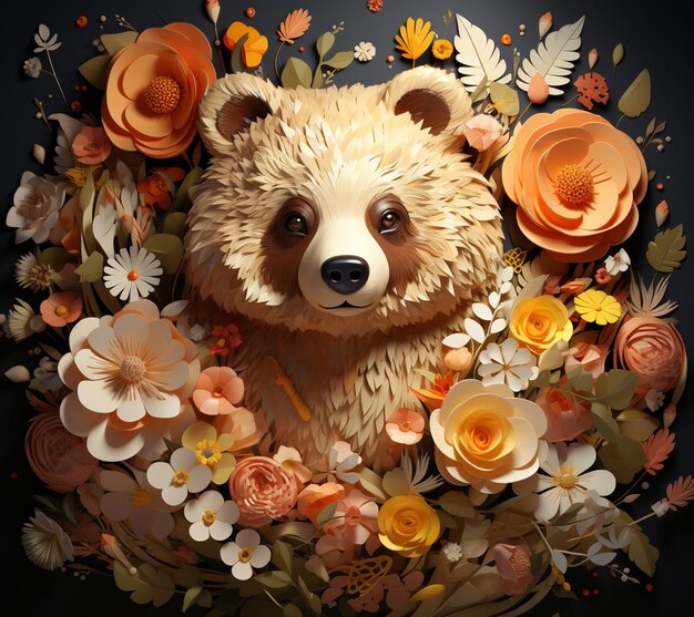 il y a un ours entouré de fleurs et de feuilles ai génératif