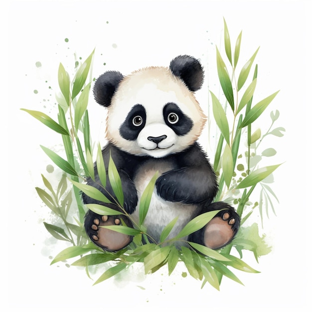 Il y a un ours panda assis dans l'herbe avec des feuilles génératives ai