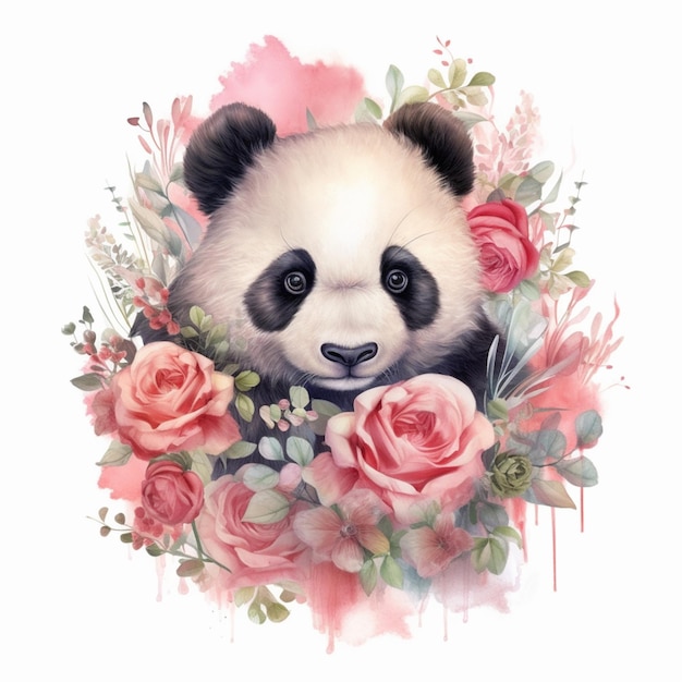 Il y a un ours panda avec des fleurs autour de lui.