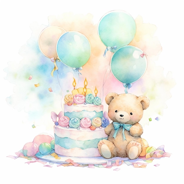Il y a un ours en peluche assis à côté d'un gâteau d'anniversaire ai génératif