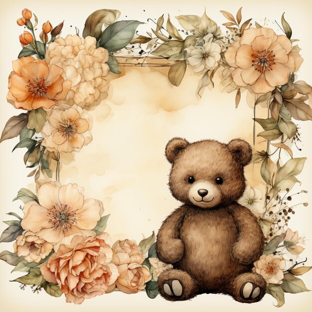 Il y a un ours en peluche assis dans un cadre avec des fleurs génératives ai