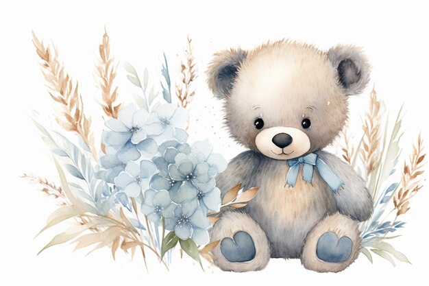 il y a un ours en peluche assis dans l'herbe avec des fleurs ai générative