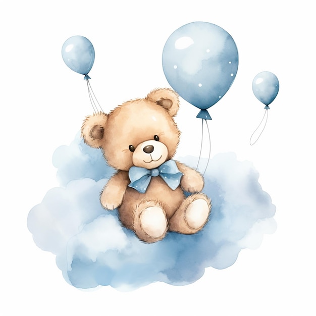Il y a un ours en peluche assis sur un nuage avec des ballons bleus.