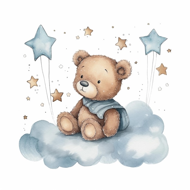 Il y a un ours en peluche assis sur un nuage avec des étoiles.