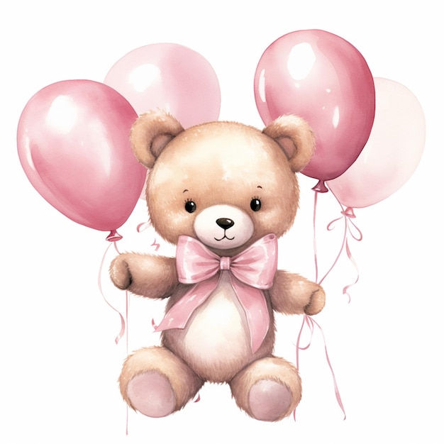 il y a un ours en peluche avec des ballons roses sur fond blanc ai générative