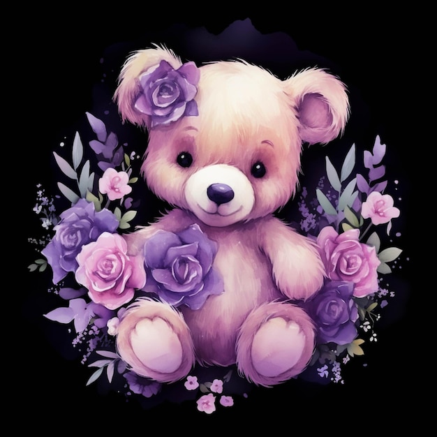 Il y a un ours en peluche avec des fleurs autour de lui sur un fond noir ai générative