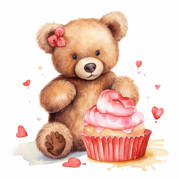 Il y a un ours en peluche qui est assis à côté d'un cupcake génératif ai