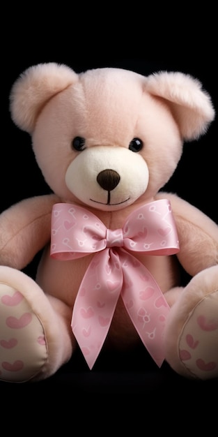 Il y a un ours en peluche rose avec un nœud rose dessus.