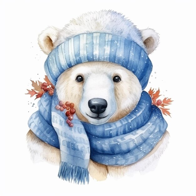 Il y a un ours polaire qui porte un chapeau bleu et une écharpe.
